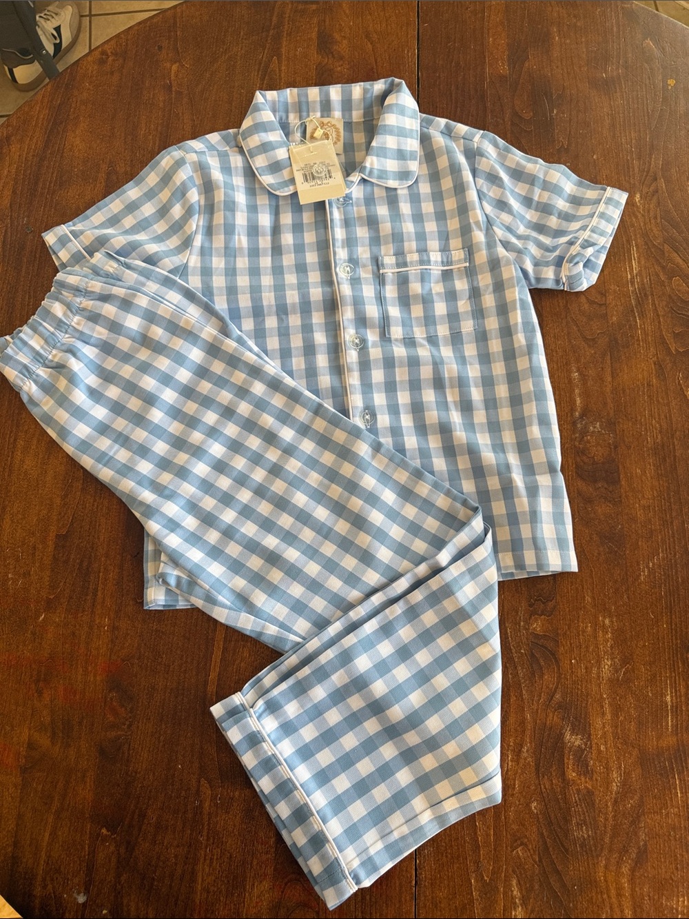 Kids Blue Gingham Pajama Set - Classic Short Sleeve Top & Pants